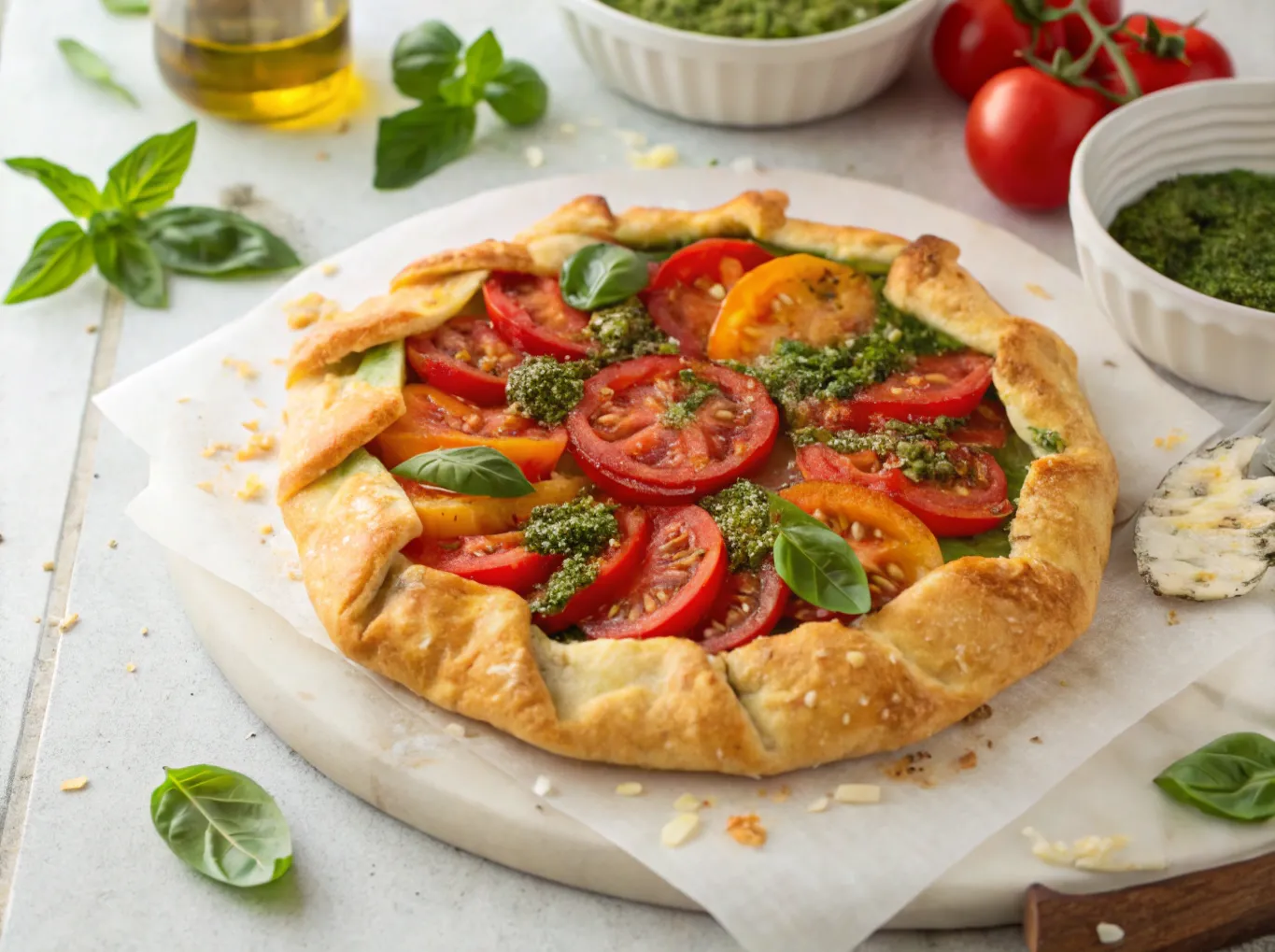 Sommerlig tomatgalette med basilikumpesto