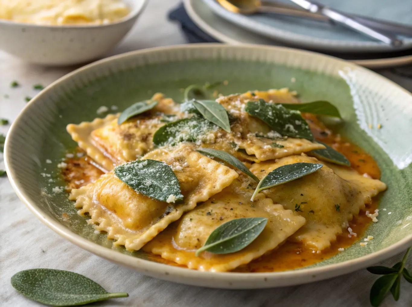 Bagte græskarravioli med salvie-smørsauce